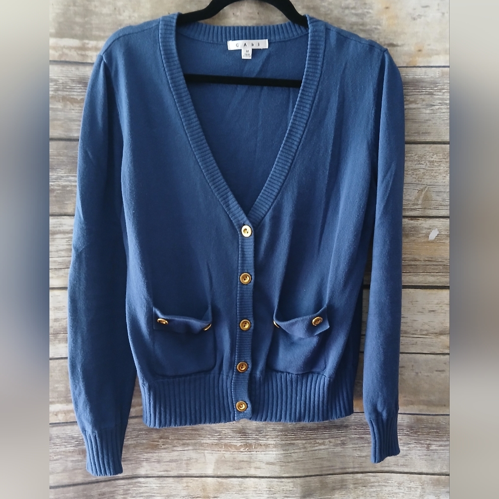 Cabi Blue Button-Up, V-neck, Women's Sweater, Gold Buttons